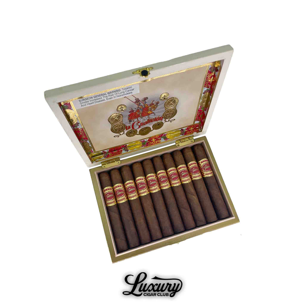 Open box of Crowned Heads La Coalicion by Drew Estate Gordito cigars with all cigars lined up inside the box shot for Luxury Cigar Club