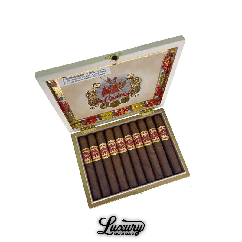 Open box of Crowned Heads La Coalicion by Drew Estate Gordito cigars with all cigars lined up inside the box shot for Luxury Cigar Club