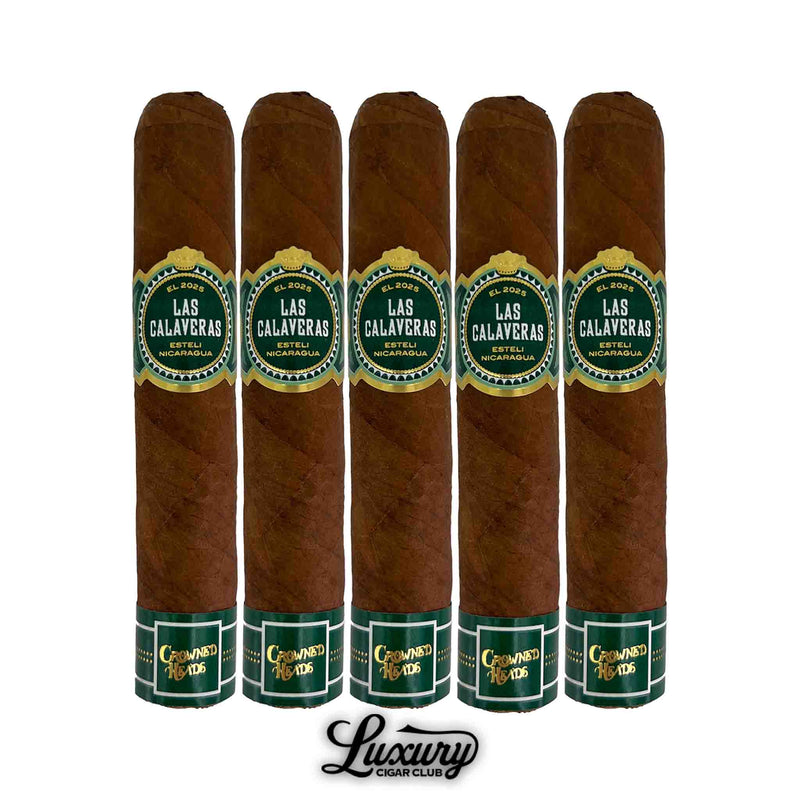 Crowned Heads Las Calaveras 2025 Limited Edition cigars 5-pack with green and gold bands, handcrafted in Estelí, Nicaragua, displayed by Luxury Cigar Club.
