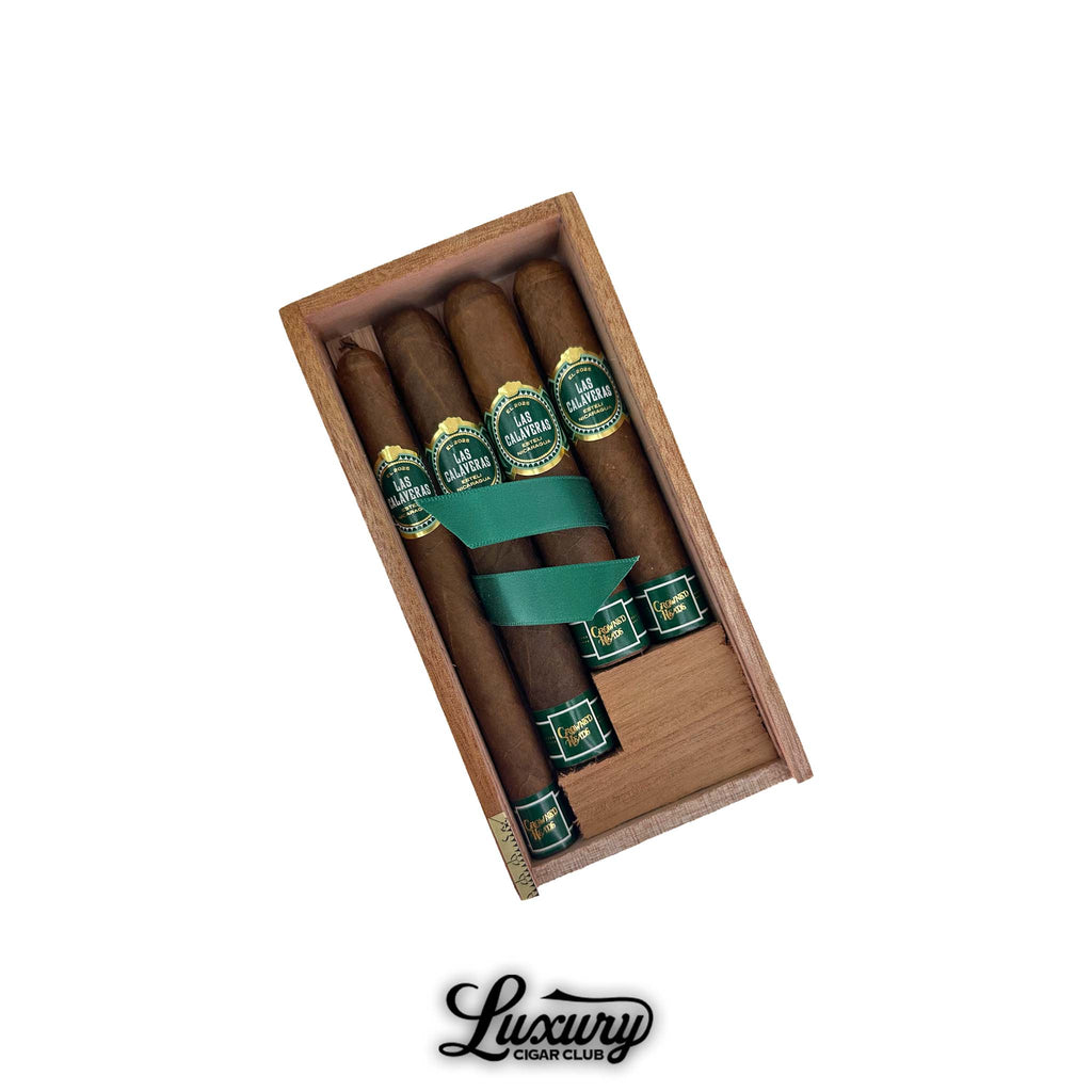 Luxury Cigar Club Crowned Heads Las Calaveras 2025 Limited Edition Sampler box with premium cigars in green and gold bands