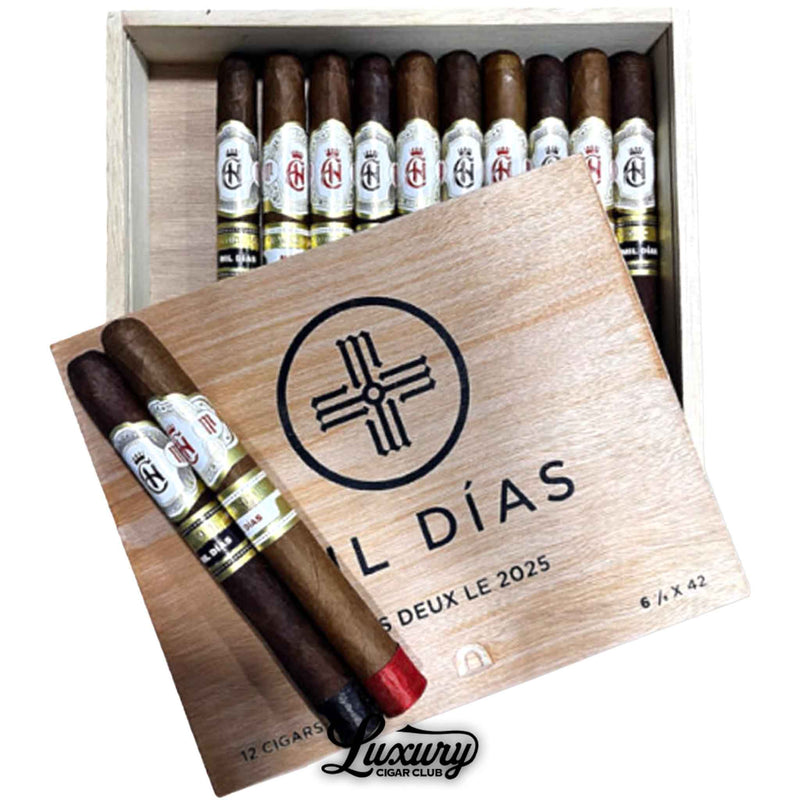Close up view of Crowned Heads Mil Días Des Duex 2025 Limited Edition cigars in wooden box with detailed cigar bands shown by Luxury Cigar Club