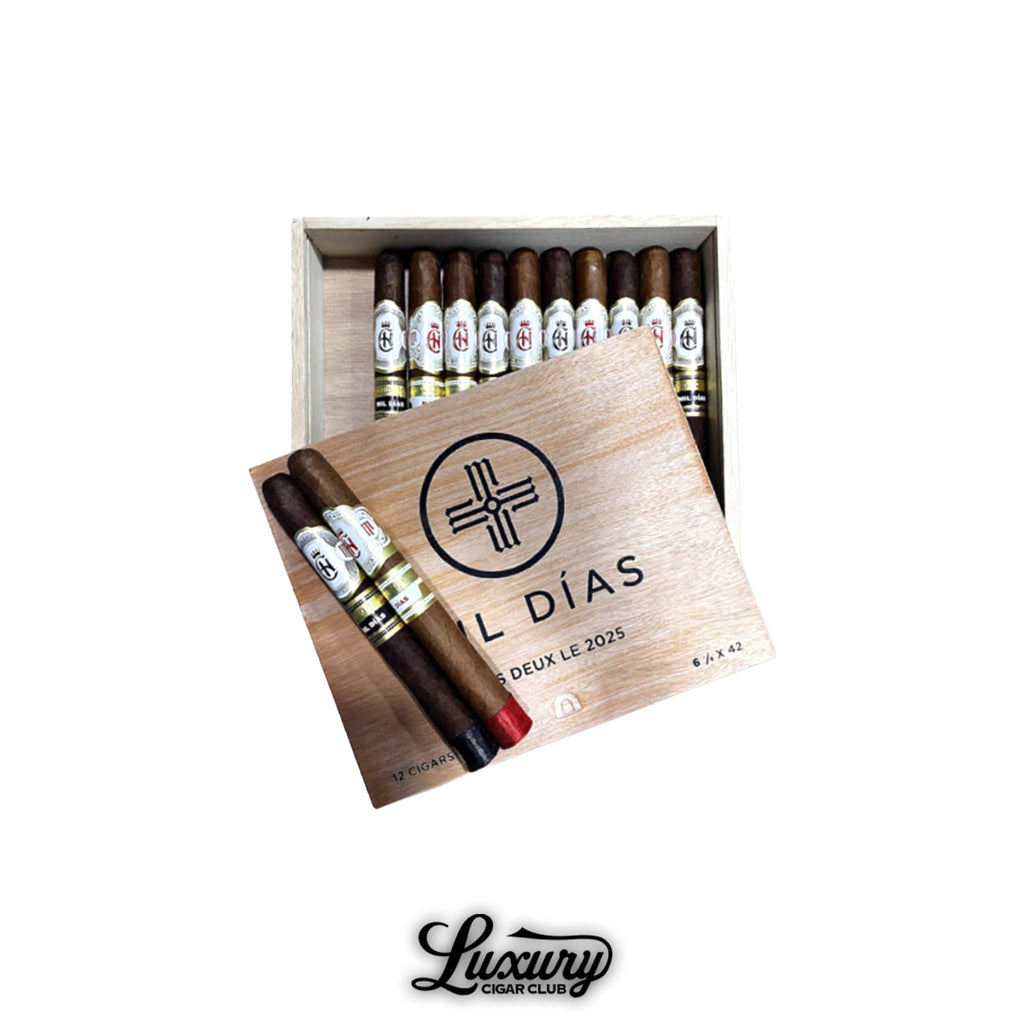 Crowned Heads Mil Días Des Duex 2025 Limited Edition cigars in open wooden box with branded lid displayed by Luxury Cigar Club