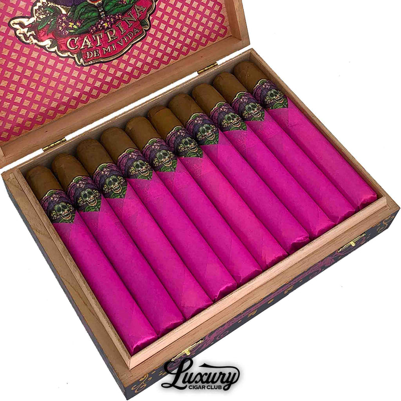 Close-up of Danli Honduras Catrina De Mi Vida Connecticut Toro cigars with striking pink wrappers and detailed skull-themed bands inside an artistic wooden box. Luxury Cigar Club logo beneath.
