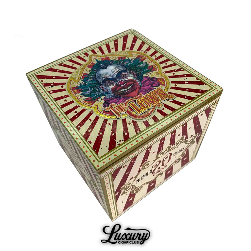 Danli Honduras Tobacco The Clown Corojo Barber Pole cigar box featuring bold carnival-inspired artwork with a colorful clown design, presented by Luxury Cigar Club.