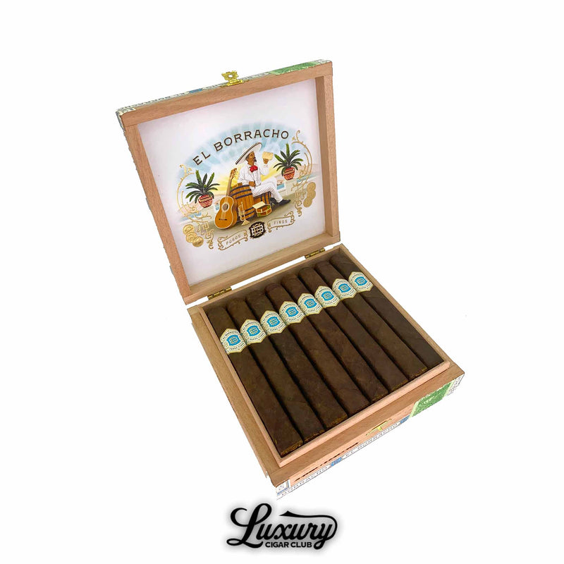 Open cedar cigar box of Dapper El Borracho Connecticut Broadleaf cigars displayed for sale online at Luxury Cigar Club, showing dark brown premium cigars with blue and gold bands lined neatly inside box with ornate El Borracho interior artwork