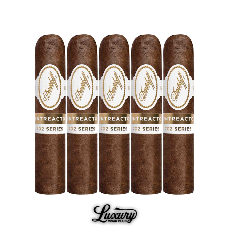 Davidoff 702 Series Entreacto cigars 5 pack, short robusto format with Ecuadorian 702 wrapper, balanced flavor profile, and iconic white Davidoff band, shown with Luxury Cigar Club branding.