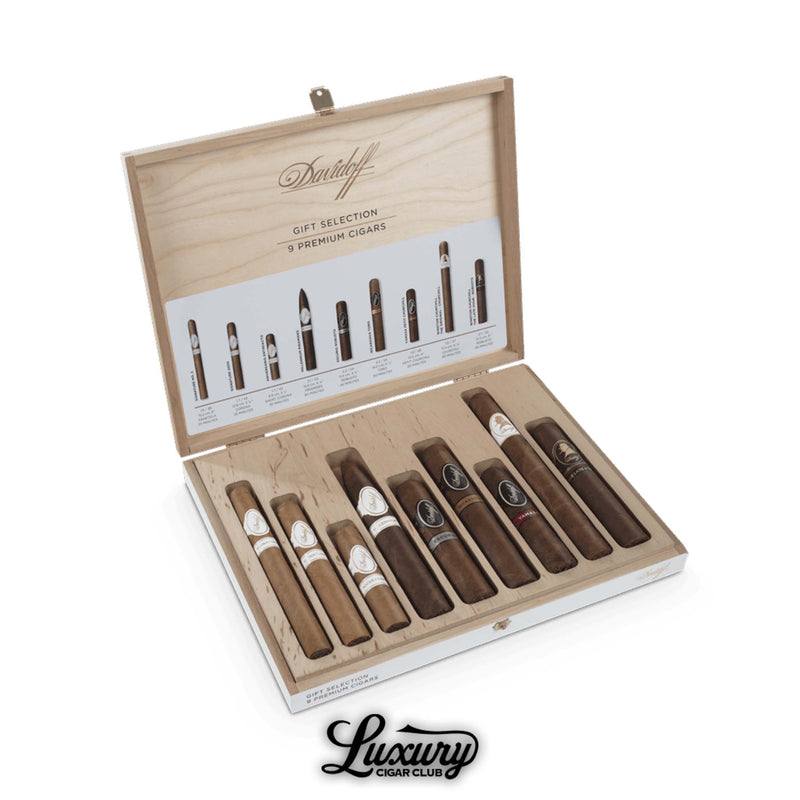 Open Davidoff 9-cigar premium gift selection box displayed by Luxury Cigar Club, featuring assorted Davidoff cigars arranged in a natural wood case with an interior guide showing each vitola.