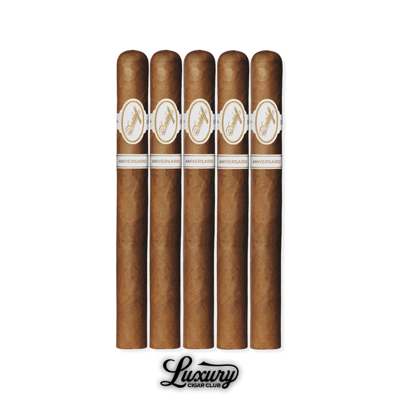 Davidoff Aniversario Double R cigars in a 5-pack, long-format Dominican handmade cigars with Connecticut wrappers, refined flavor balance, presented with Luxury Cigar Club logo.