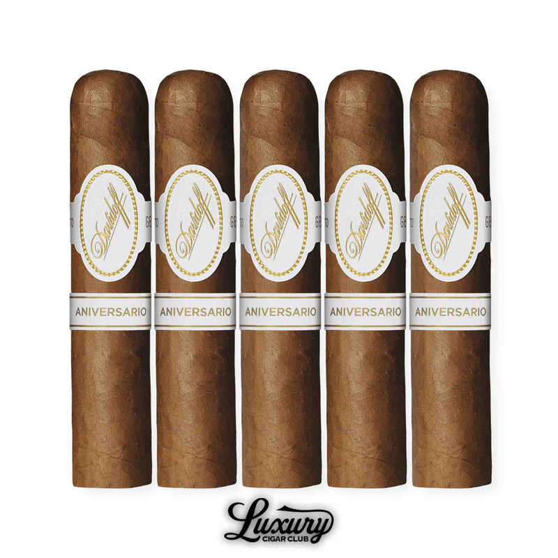Davidoff Aniversario Entreacto Tubo cigars in a 5-pack, compact cigarillos in sleek white tubes with Davidoff gold branding, Dominican handmade quality, displayed with Luxury Cigar Club logo.