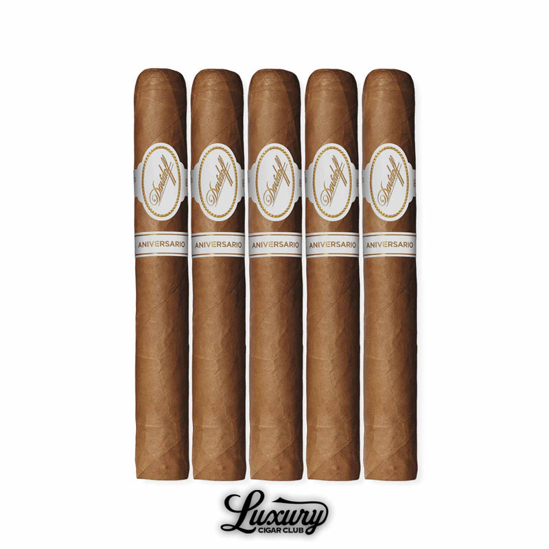 Davidoff Aniversario No. 3 cigars in a 5-pack, featuring smooth golden-brown Connecticut wrappers with elegant white and gold bands, premium Dominican handmade cigars shown with Luxury Cigar Club logo.