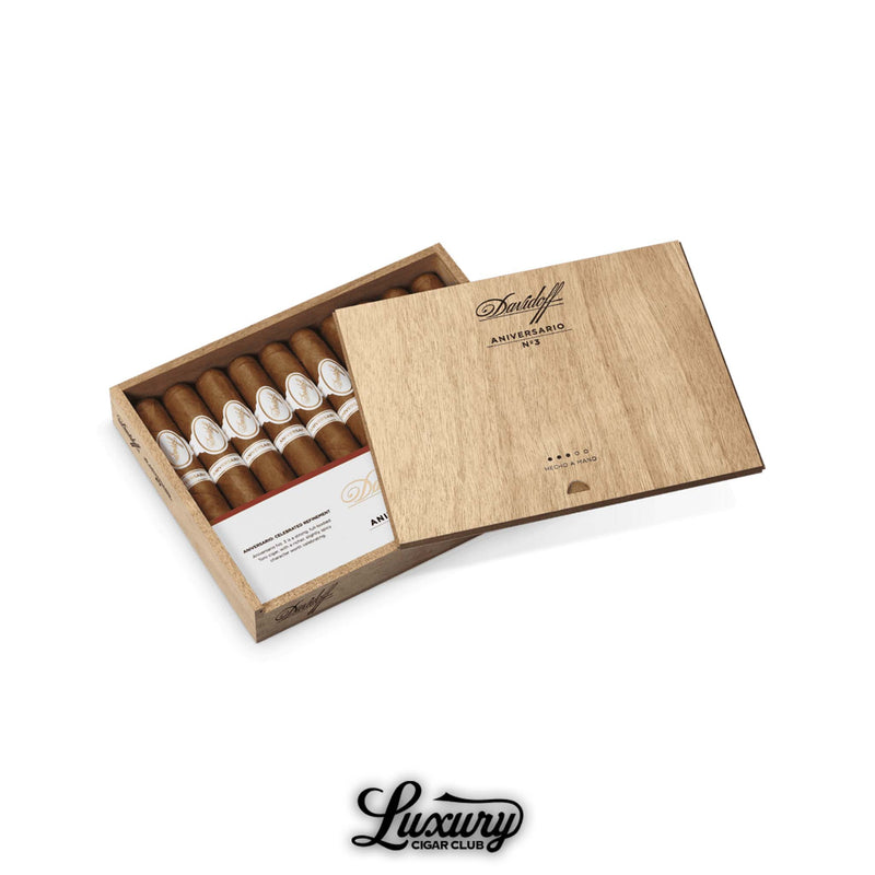 Open box of Davidoff Aniversario No. 3 cigars showing evenly packed cigars with white and gold labels.