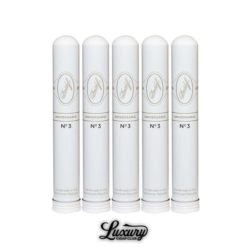 Davidoff Aniversario No. 3 Tubo cigars in a 5-pack, presented in sleek white aluminum tubes with gold detailing and the Davidoff logo, luxury Dominican craftsmanship, displayed with Luxury Cigar Club branding.