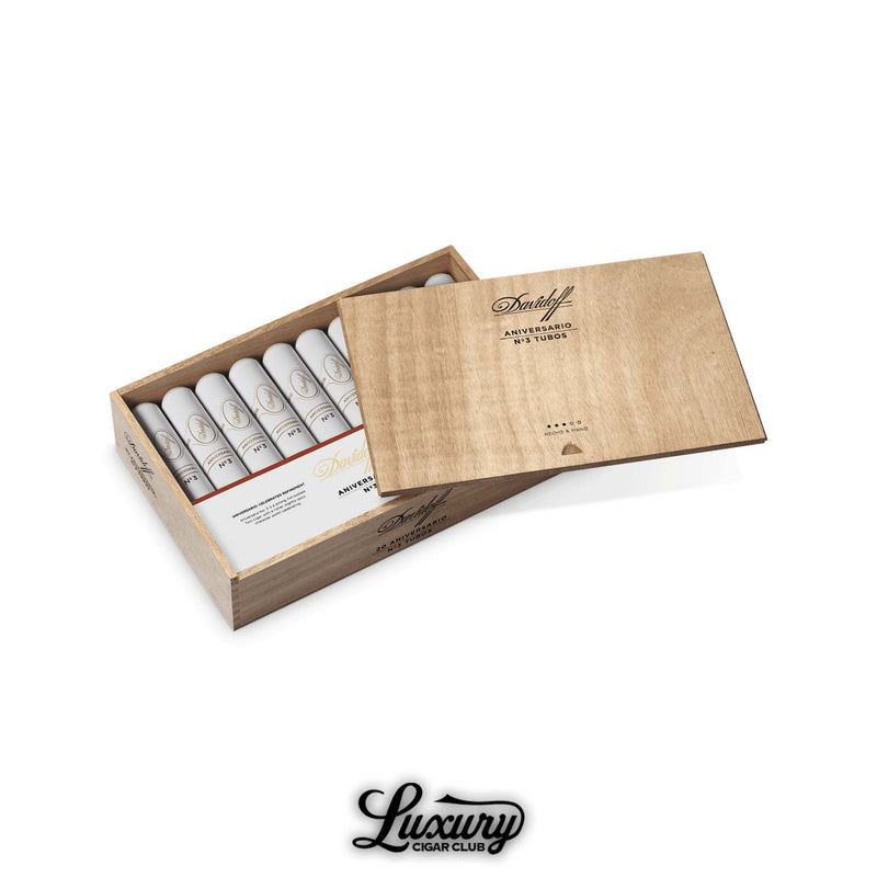 Open wooden box of Davidoff Aniversario No. 3 Tubo cigars with cigars individually encased in white aluminum tubes.