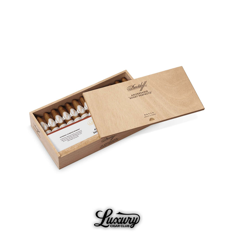 Davidoff Aniversario Short Perfecto wooden cigar box with cigars partially revealed, premium presentation with classic Davidoff branding and Aniversario series detail, shown with Luxury Cigar Club logo.