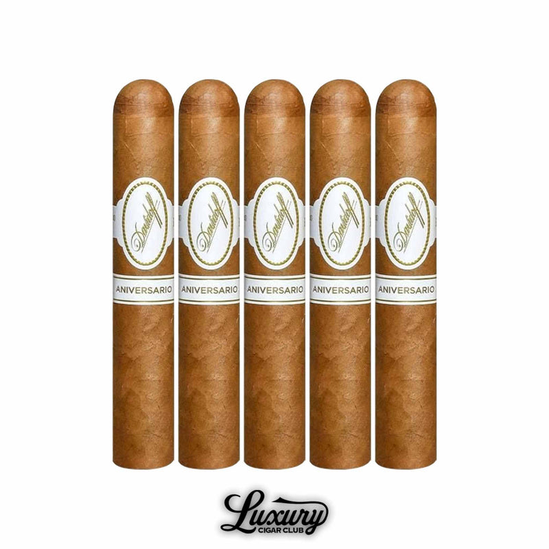Davidoff Aniversario Special R cigars in a 5-pack, robusto size with golden Connecticut wrappers and signature white-and-gold Davidoff bands, premium luxury cigars highlighted with Luxury Cigar Club branding.