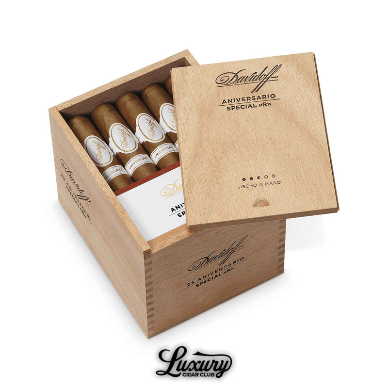 Vertical wooden box of Davidoff Aniversario Special R cigars filled with robust cigars featuring white and gold bands.