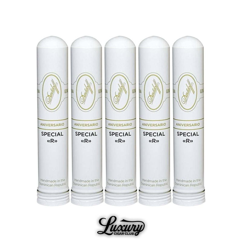 Davidoff Aniversario Special R Tubo cigars in a 5-pack, robusto size packaged in white aluminum tubes with Davidoff’s gold embossed logo, Dominican handmade premium cigars, Luxury Cigar Club branding included.