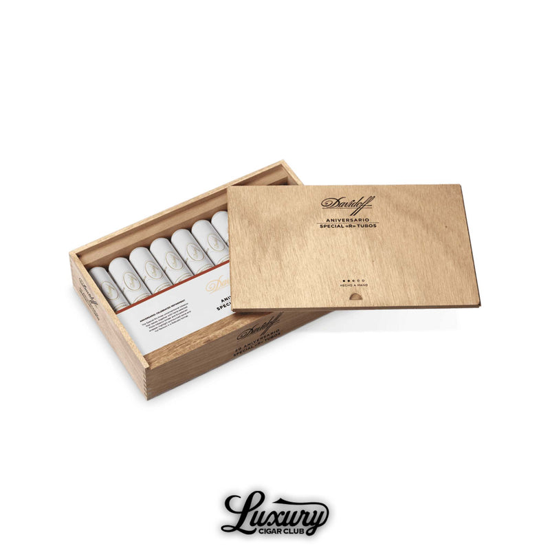 Davidoff Aniversario Special R Tubo cigars packed in a wooden box with cigars enclosed in elegant white tubes.