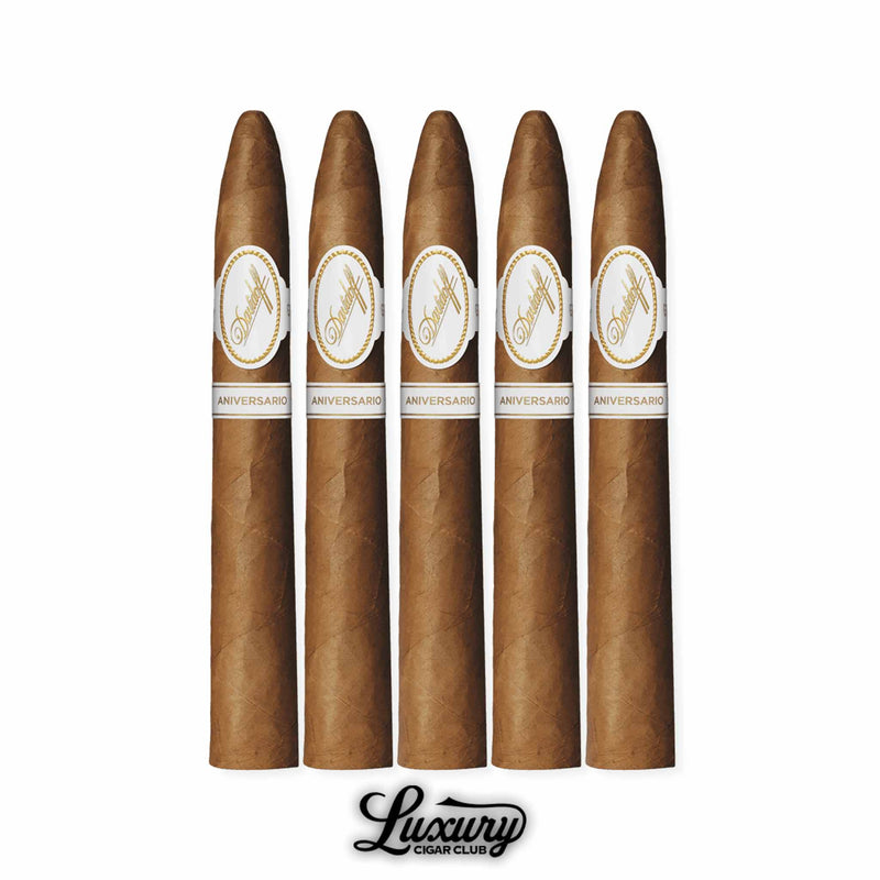Davidoff Aniversario Special T cigars in a 5-pack, tapered torpedo vitola with Connecticut wrappers and white-and-gold Davidoff bands, crafted in the Dominican Republic, shown with Luxury Cigar Club logo.