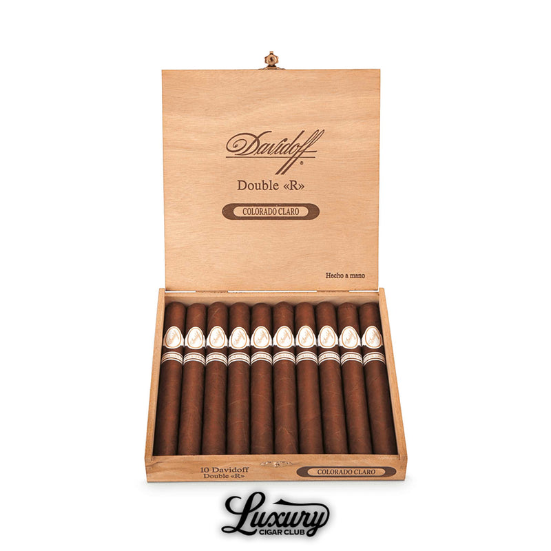 Open Davidoff Colorado Claro Double «R» box of ten cigars, natural cedar box engraved with Davidoff insignia, cigars arranged in parallel rows, Luxury Cigar Club logo centered below.