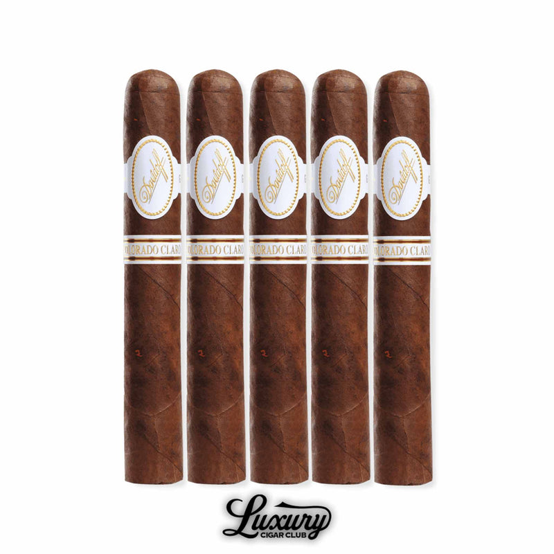 Five Davidoff Colorado Claro Aniversario No. 3 cigars with classic toro format, Ecuadorian wrapper, evenly placed Davidoff white-and-gold bands, Luxury Cigar Club logo included.