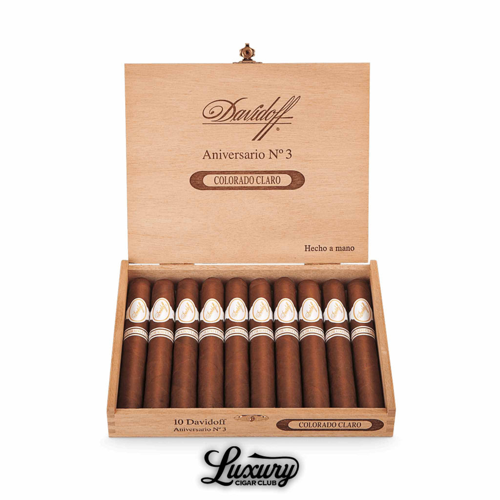 Open Davidoff Colorado Claro Aniversario No. 3 box of ten cigars, wooden box with engraved branding, cigars aligned in single row, Luxury Cigar Club logo beneath.