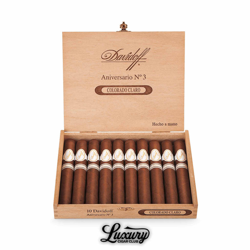 Open Davidoff Colorado Claro Aniversario No. 3 box of ten cigars, wooden box with engraved branding, cigars aligned in single row, Luxury Cigar Club logo beneath.