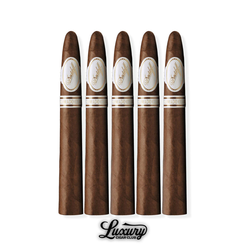 Five Davidoff Colorado Claro Special «T» cigars with tapered heads and Ecuadorian wrapper, arranged side by side with white-and-gold bands, Luxury Cigar Club logo at the bottom.