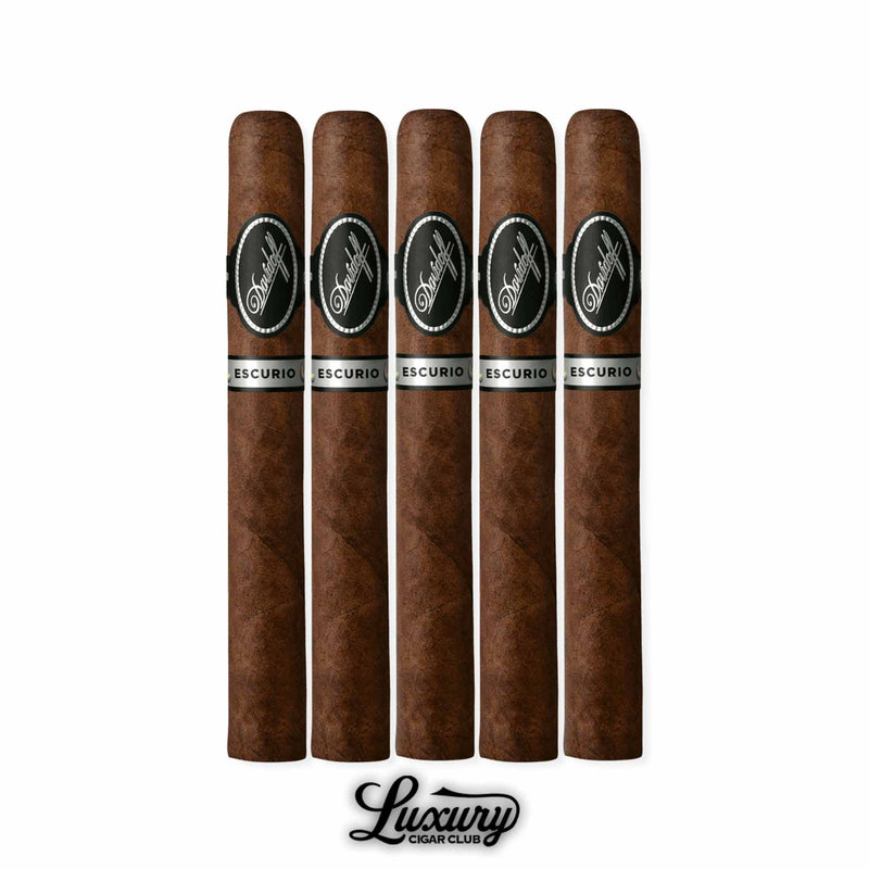 Davidoff Escurio Corona Gorda 5 Pack with cigars crafted from an Ecuadorian Habano wrapper, Brazilian Cubra binder, and Dominican plus Brazilian filler leaves, shown with black and silver Escurio bands at Luxury Cigar Club.