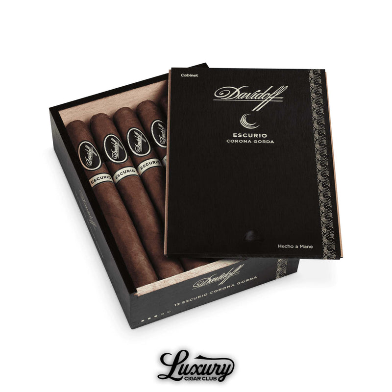 Davidoff Escurio Corona Gorda box containing hand-rolled cigars with an Ecuadorian Habano wrapper, Brazilian Cubra binder, and a blend of Dominican and Brazilian filler tobaccos, displayed in a black cabinet box with silver Davidoff branding at Luxury Cigar Club.