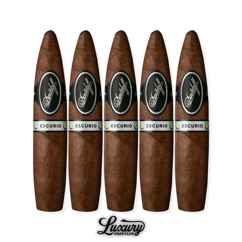 Davidoff Escurio Gran Perfecto 5 Pack highlighting cigars with a pointed head and dark Ecuadorian wrapper, matched with Brazilian binder and Dominican plus Brazilian filler tobaccos, accented with black, silver, and green Escurio bands at Luxury Cigar Club.