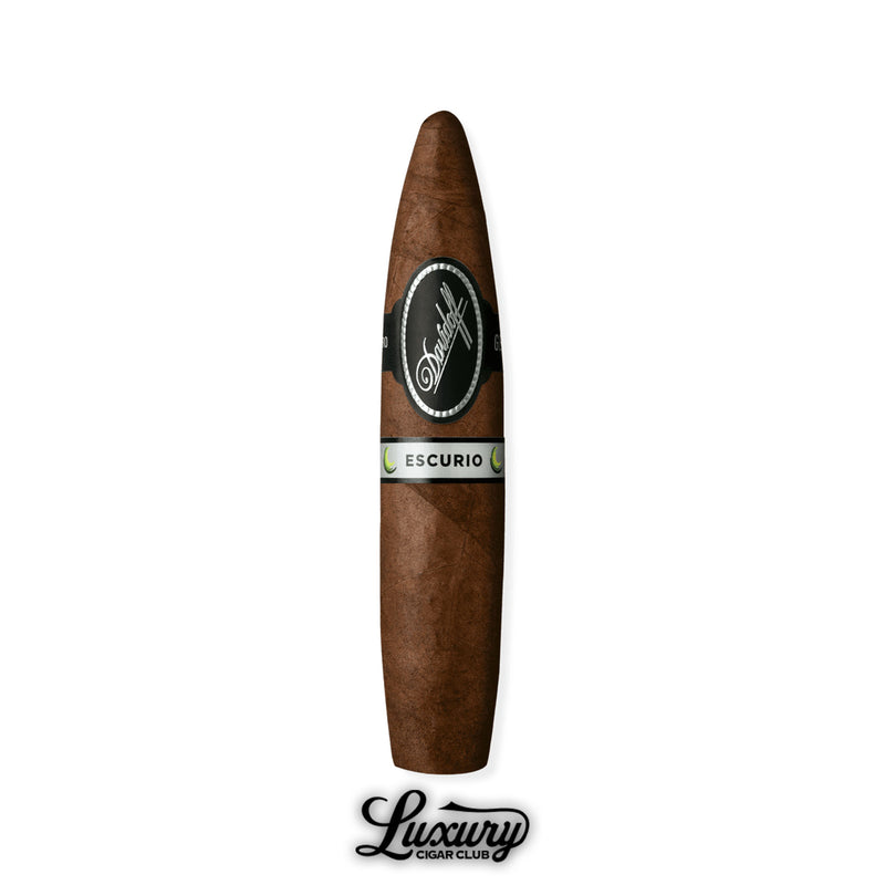 Davidoff Escurio Gran Perfecto single cigar in tapered perfecto format, rolled with Ecuadorian Habano wrapper, Brazilian Cubra binder, and Dominican and Brazilian filler, displayed with black, silver, and green Escurio band at Luxury Cigar Club.
