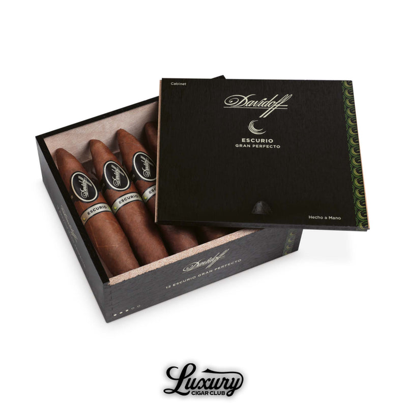 Davidoff Escurio Gran Perfecto box featuring tapered handmade cigars rolled with an Ecuadorian Habano wrapper, Brazilian Cubra binder, and a combination of Dominican and Brazilian filler, presented in a black cabinet box with silver embossed details at Luxury Cigar Club.