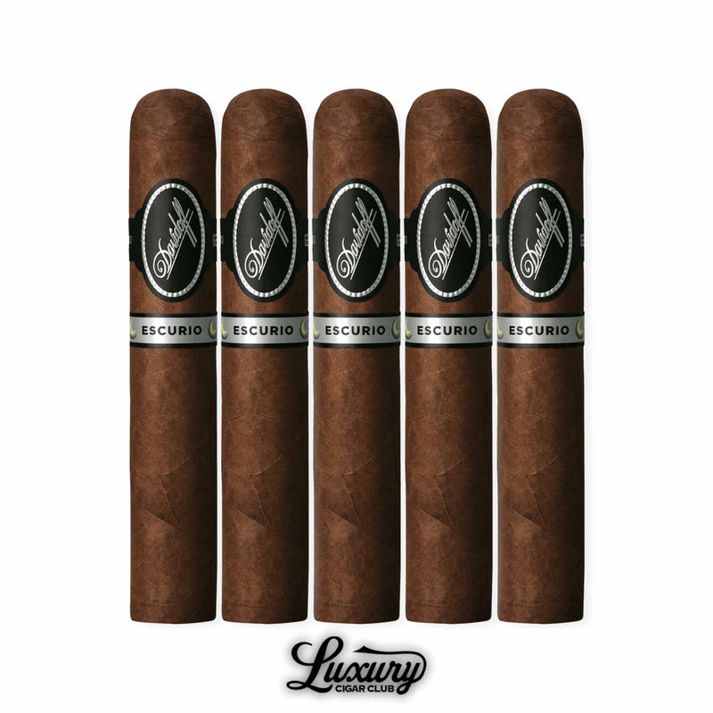 Davidoff Escurio Gran Toro 5 Pack containing cigars rolled with Ecuadorian wrapper, Brazilian binder, and Dominican plus Brazilian filler tobaccos, shown in toro format with Escurio black and silver bands at Luxury Cigar Club.