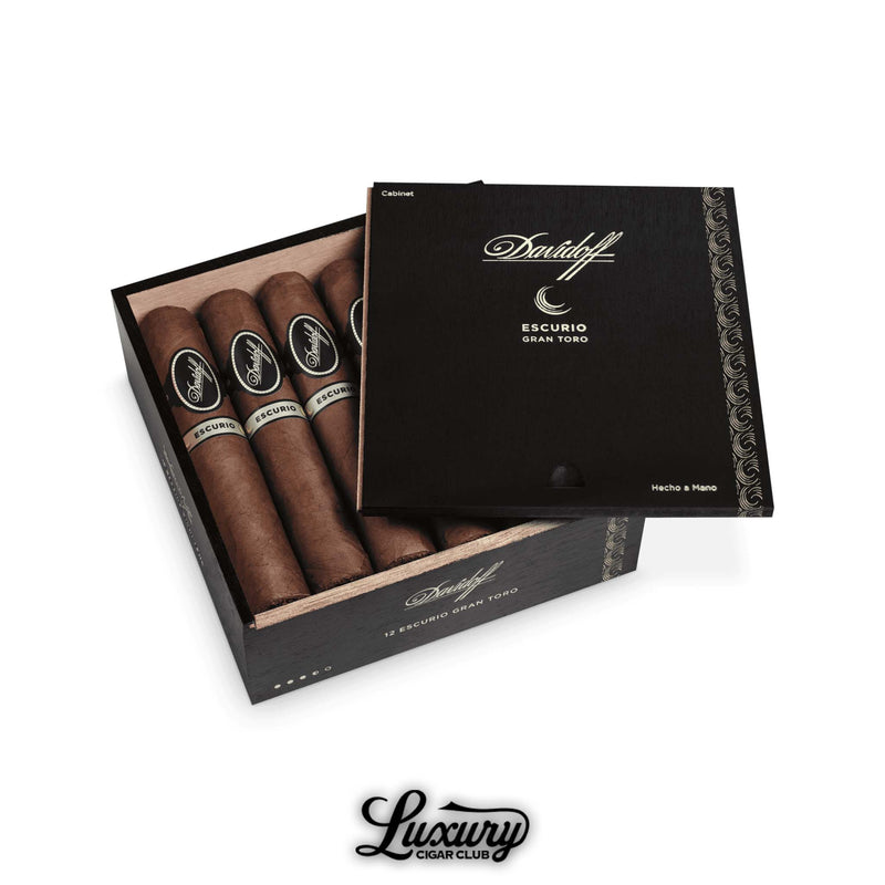 Davidoff Escurio Gran Toro box of cigars with Ecuadorian Habano wrapper, Brazilian Cubra binder, and filler blend from Brazil and the Dominican Republic, arranged in a black cabinet box with embossed silver Davidoff branding at Luxury Cigar Club.