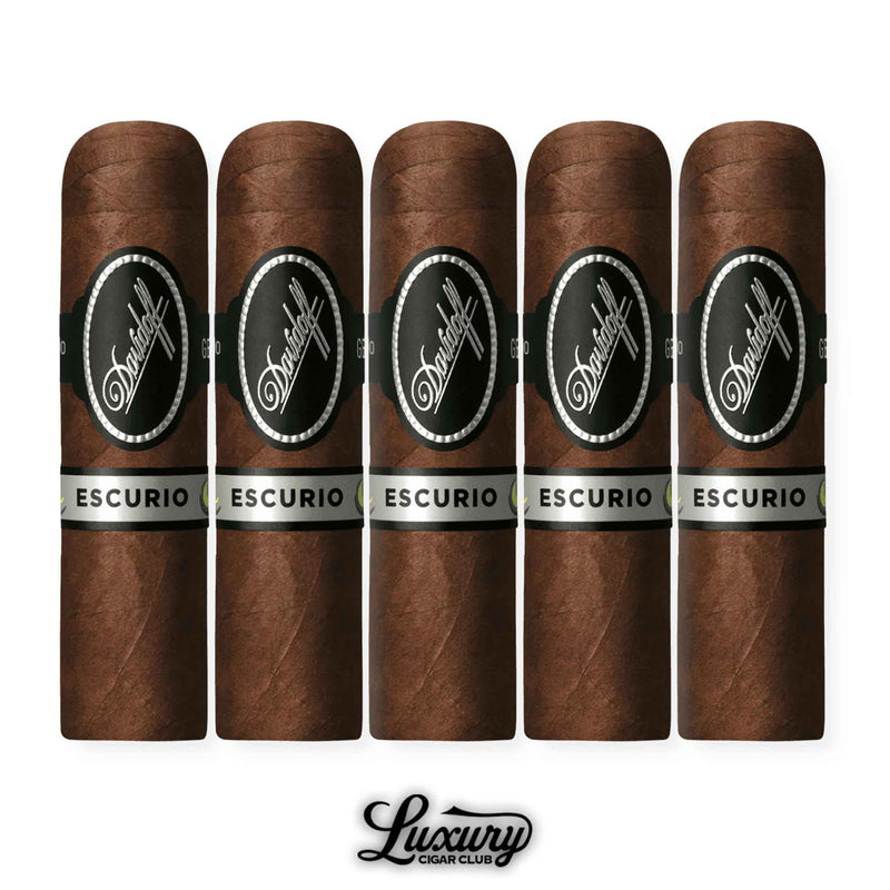 Five Davidoff Escurio Petit Robusto cigars lined up vertically, each with a sleek black and silver band featuring the Davidoff logo, with the Luxury Cigar Club branding at the bottom.
