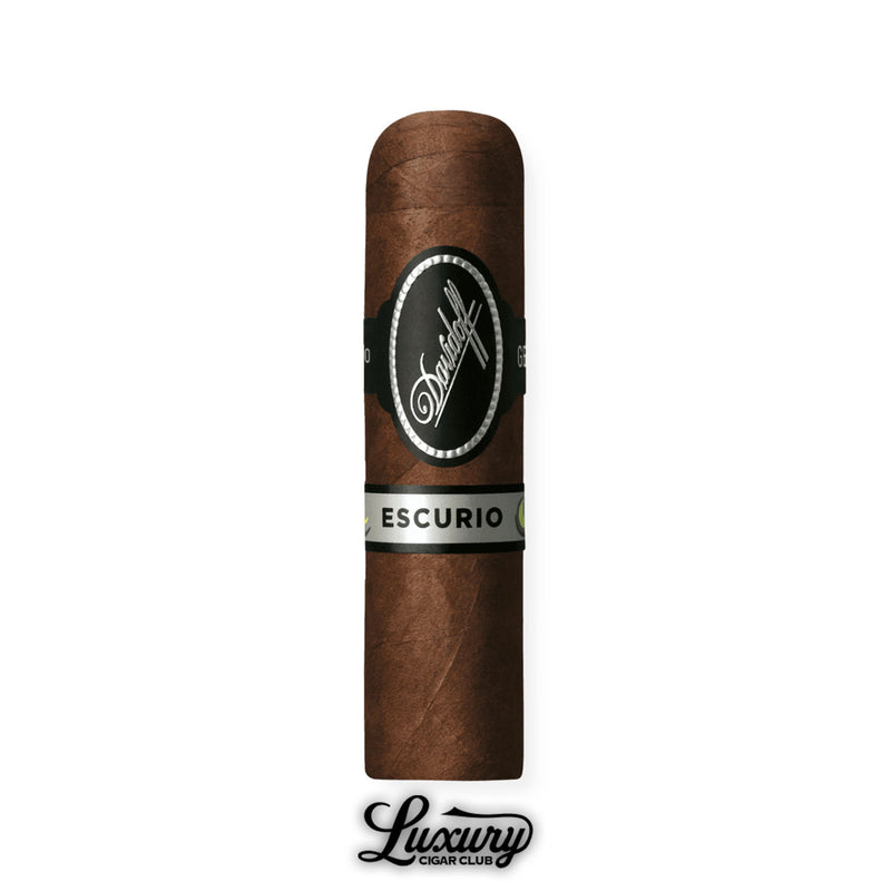 Single Davidoff Escurio Petit Robusto cigar in dark brown wrapper with bold black and silver band, photographed upright on a white background with the Luxury Cigar Club logo below.