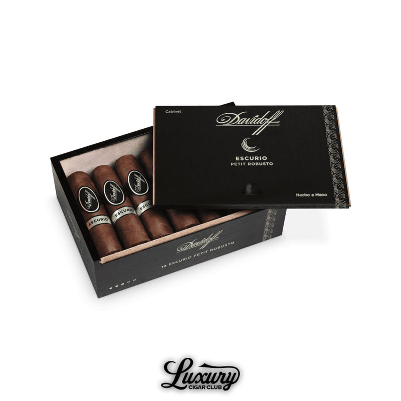 Open black Davidoff Escurio Petit Robusto cigar box showing 14 handmade premium cigars with dark wrappers and silver-black bands, displayed at an angle with the Luxury Cigar Club logo beneath.