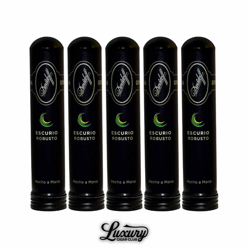 Five Davidoff Escurio Robusto Tubos in sleek black aluminum tubes with silver Davidoff branding and green crescent detail, Luxury Cigar Club logo centered at bottom.