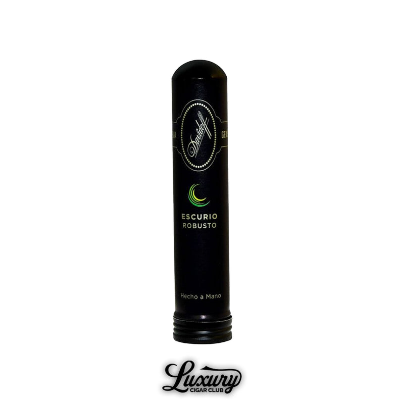 Single Davidoff Escurio Robusto Tubo cigar in glossy black aluminum tube with silver Davidoff branding and green crescent design, presented vertically with Luxury Cigar Club logo below.