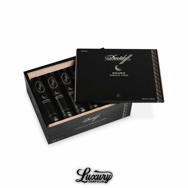 Open black Davidoff Escurio Robusto Tubo box displaying 12 cigars encased in elegant black tubos with silver Davidoff branding, angled presentation with Luxury Cigar Club logo underneath.