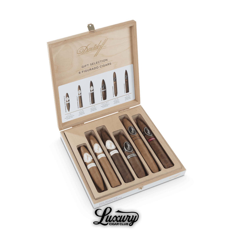 Davidoff Gift Selection Figurado sampler box open showing six premium figurado cigars from Luxury Cigar Club
