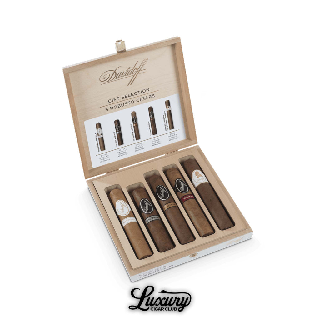 Davidoff Gift Selection 5 Robusto Cigars sampler box open with five premium Davidoff robustos displayed in a wooden presentation case, available at Luxury Cigar Club.