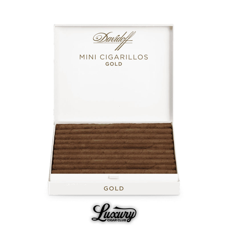 Open box of Davidoff Mini Cigarillos Gold 20-count in white packaging with cigars aligned in rows