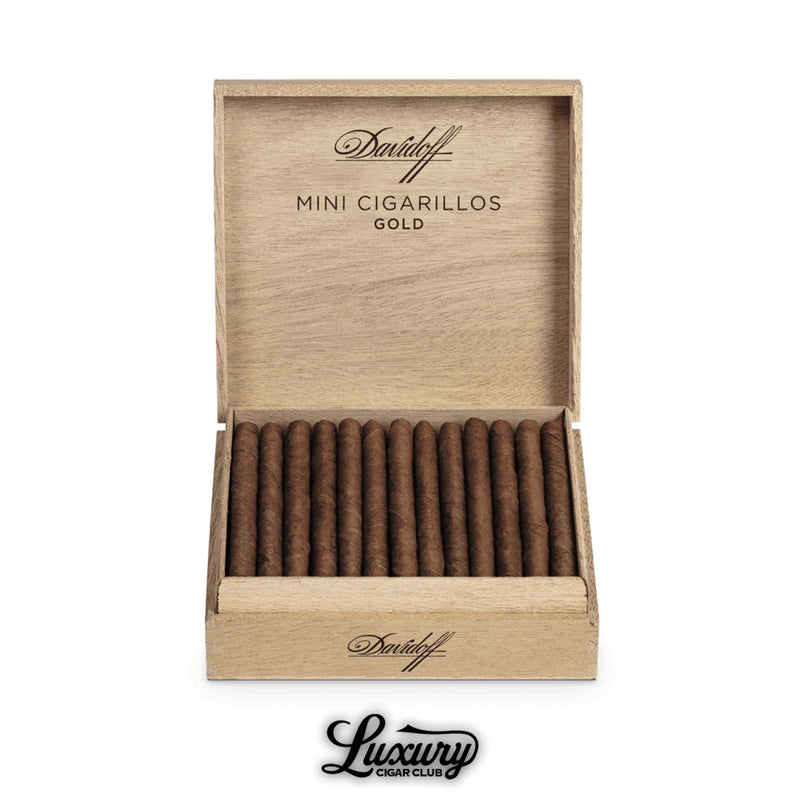 Open box of Davidoff Mini Cigarillos Gold 50-count with wooden lid and Luxury Cigar Club branding