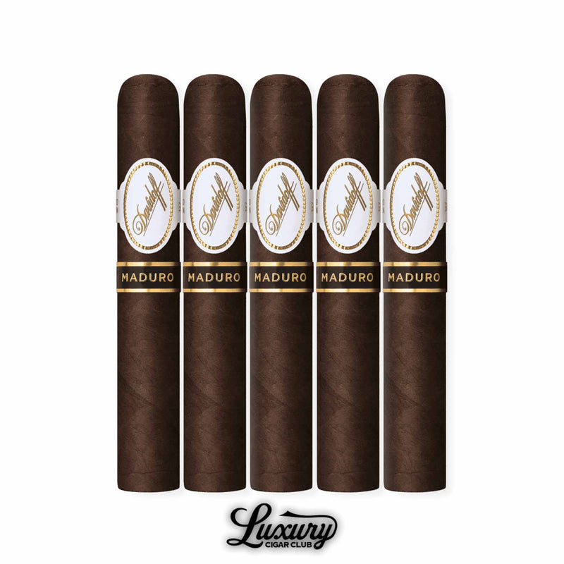 Set of five Davidoff Maduro Robusto cigars, each with deep Maduro wrapper, white and gold primary Davidoff band, and black secondary band marked Maduro.
