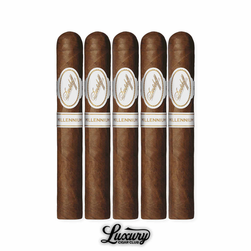 Davidoff Millennium Petit Corona 5-Pack premium cigars arranged vertically, each wrapped in a dark Ecuadorian wrapper with dual white and gold Davidoff and Millennium bands, displayed in a row with the Luxury Cigar Club logo beneath.