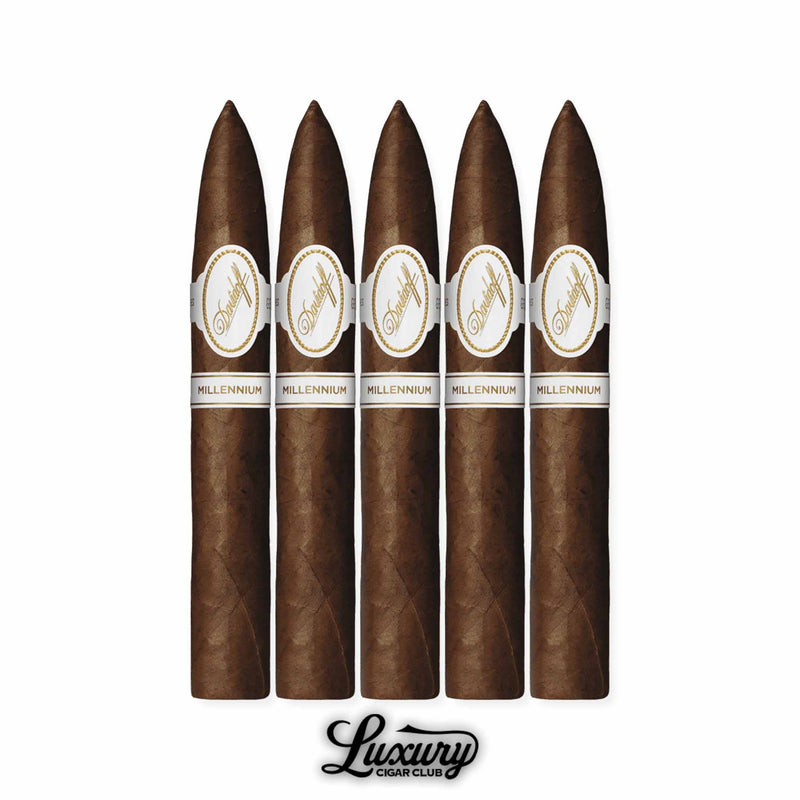 Davidoff Millennium Piramide 5-Pack luxury cigars with pointed torpedo-style heads, featuring Ecuadorian wrapper leaves and elegant white-and-gold Davidoff Millennium bands, neatly lined up above the Luxury Cigar Club logo.