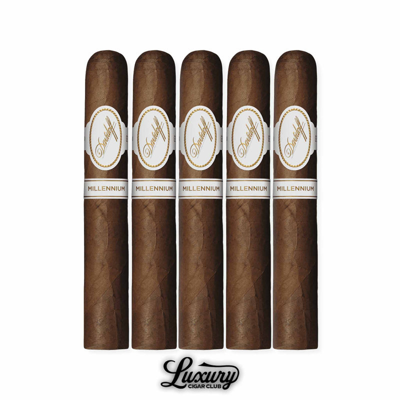 Davidoff Millennium Robusto 5-Pack full-bodied cigars, each with a smooth dark wrapper and signature Davidoff Millennium white-and-gold bands, displayed in a classic row with the Luxury Cigar Club logo below.