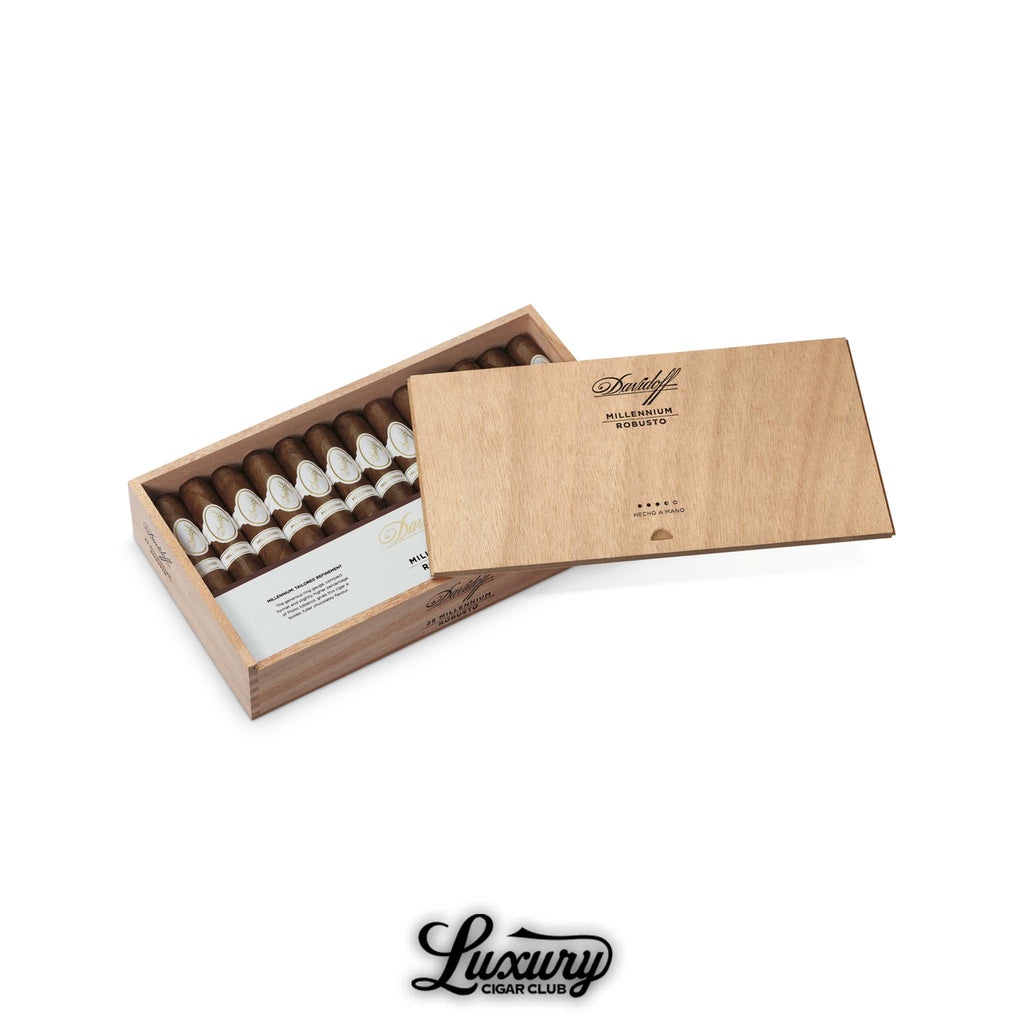 Davidoff Millennium Robusto cigars neatly packed in a light wood box with a sliding lid, bearing white and gold bands.